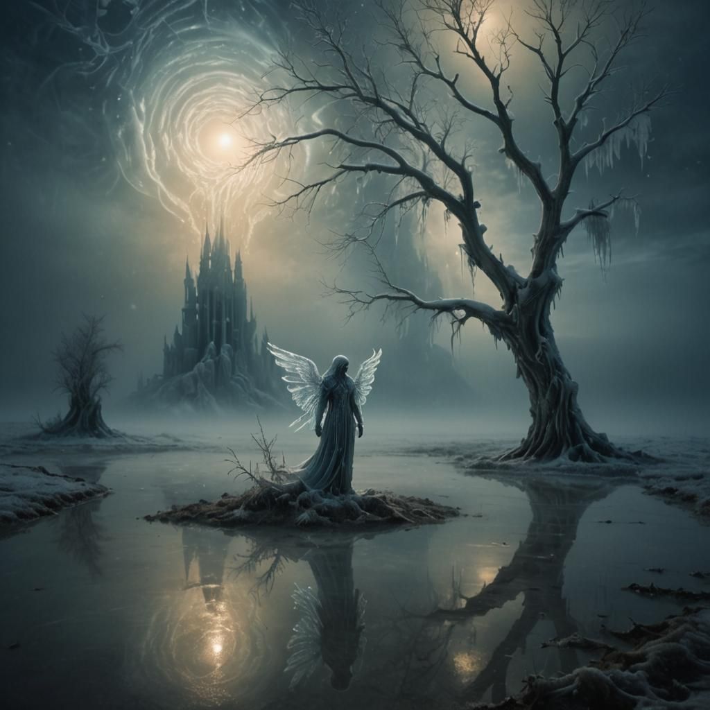 Frozen Angel in Snowy Landscape, Surrealist Style