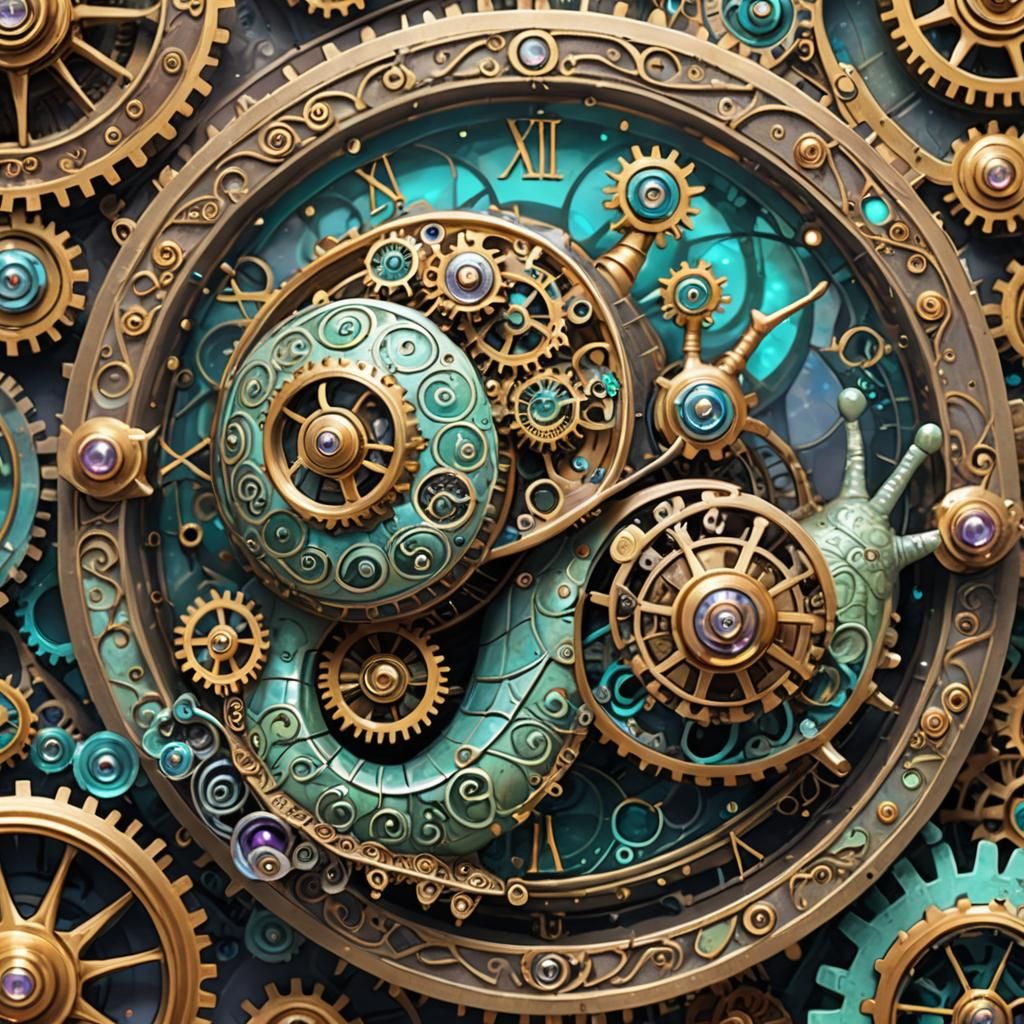 Ornate Clockwork Snail in a Mystical Mist