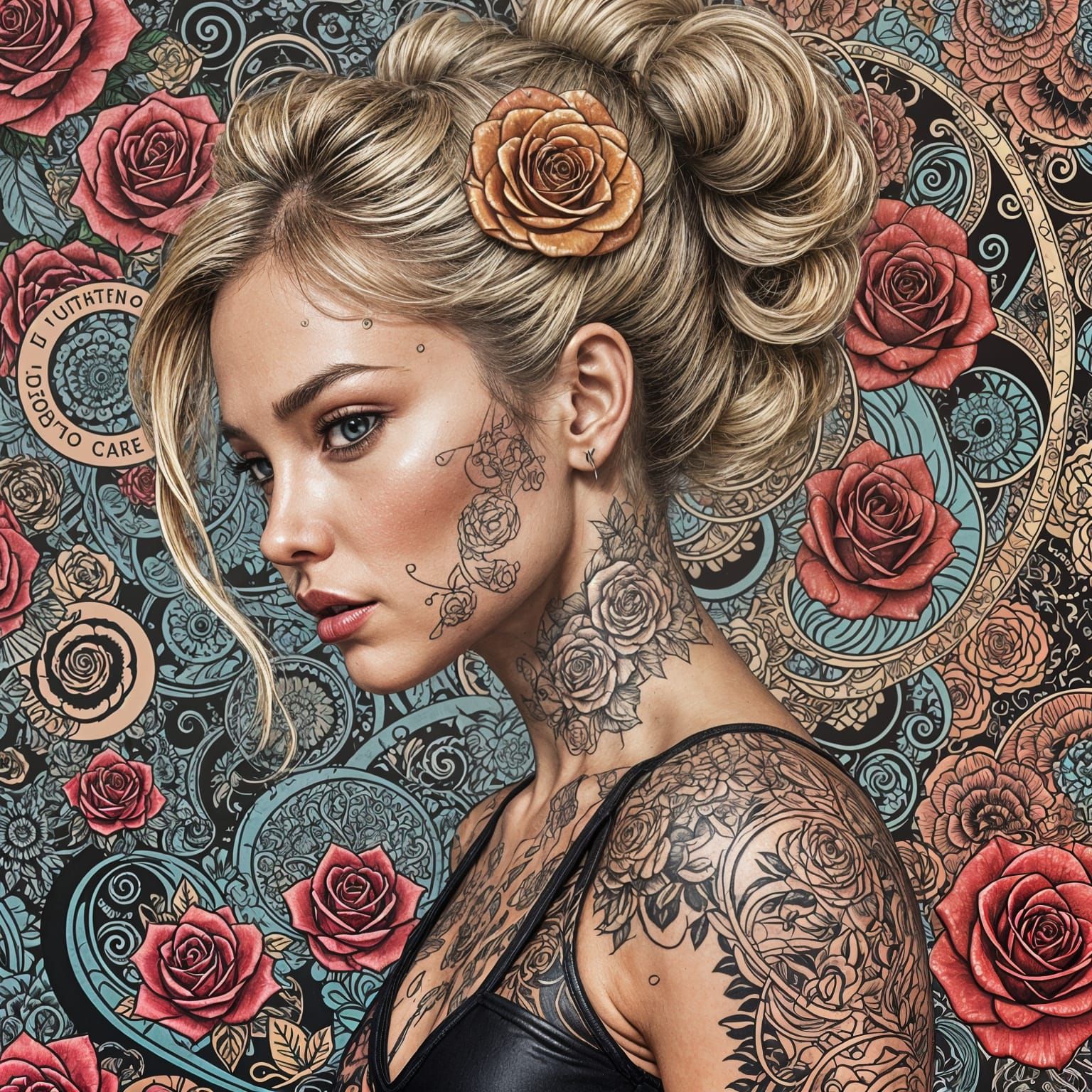 Tattooed Blonde in Bikini on Workout Bike