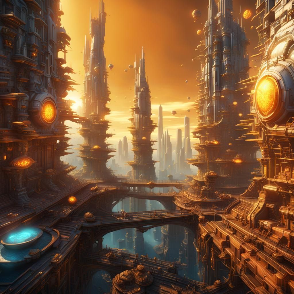Futuristic City Protected by Sun Plasma, Detailed Matte Pain...