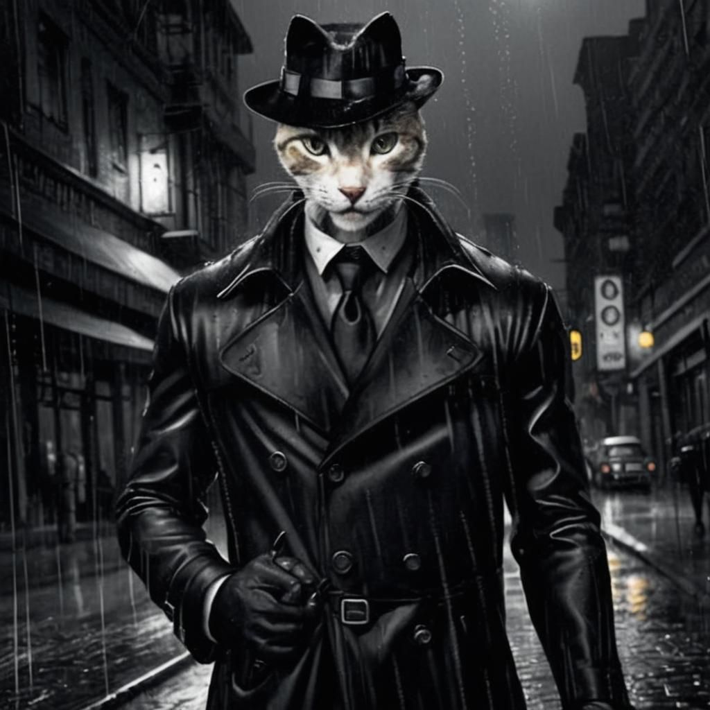 Film Noir Cat Detective in Rainy City