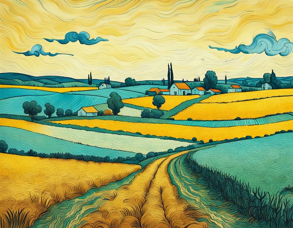 Farm in Field: Impressionistic Ink Drawing