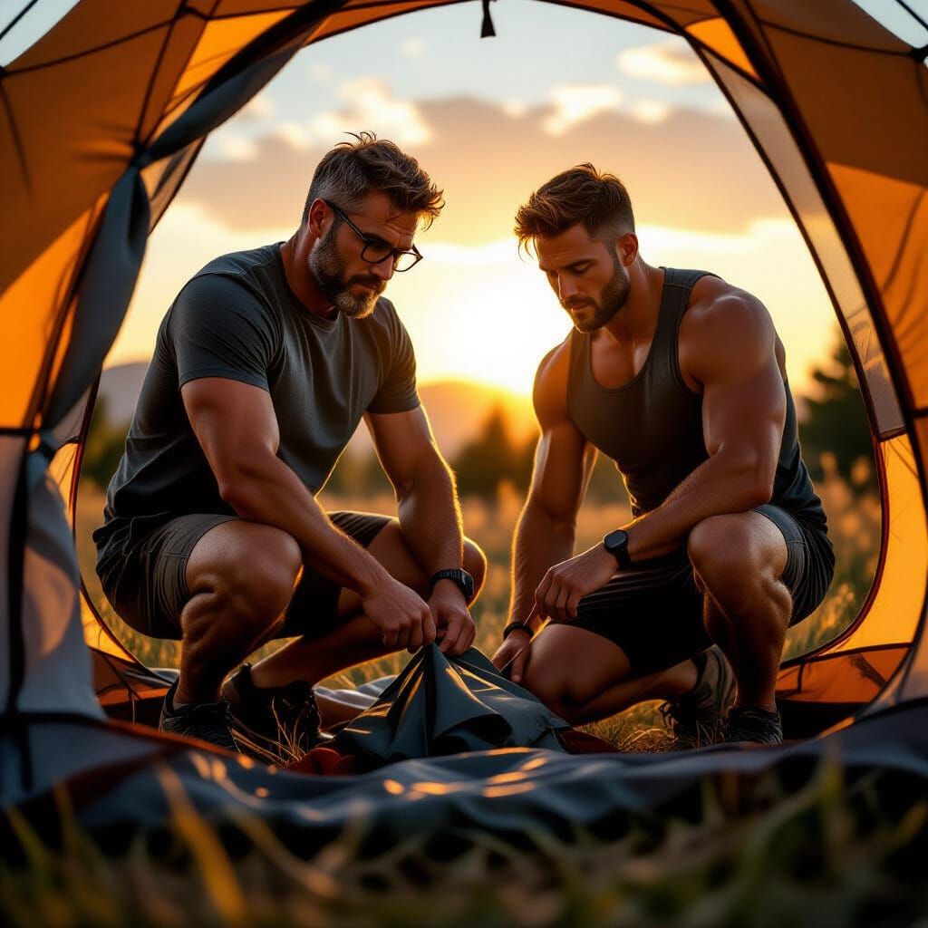 Men Setting Up Tent at Sunset Cinematic Style