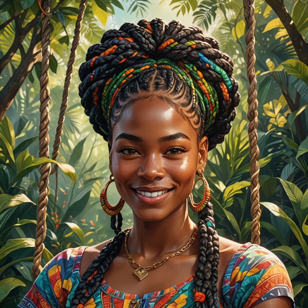 Woman on Swing: Hyper-Detailed Art Nouveau Portrait