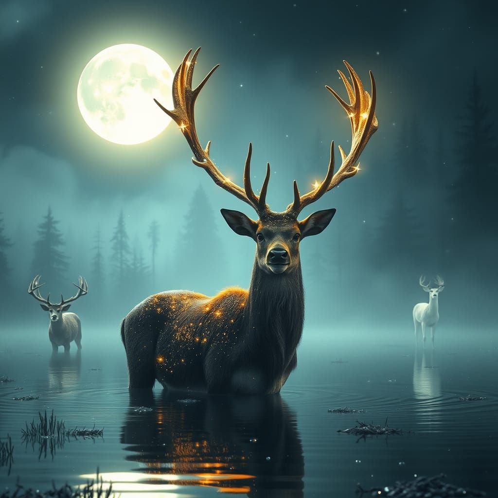 Luminous Stag in Moonlit Lake: Hyperrealistic 3D Art