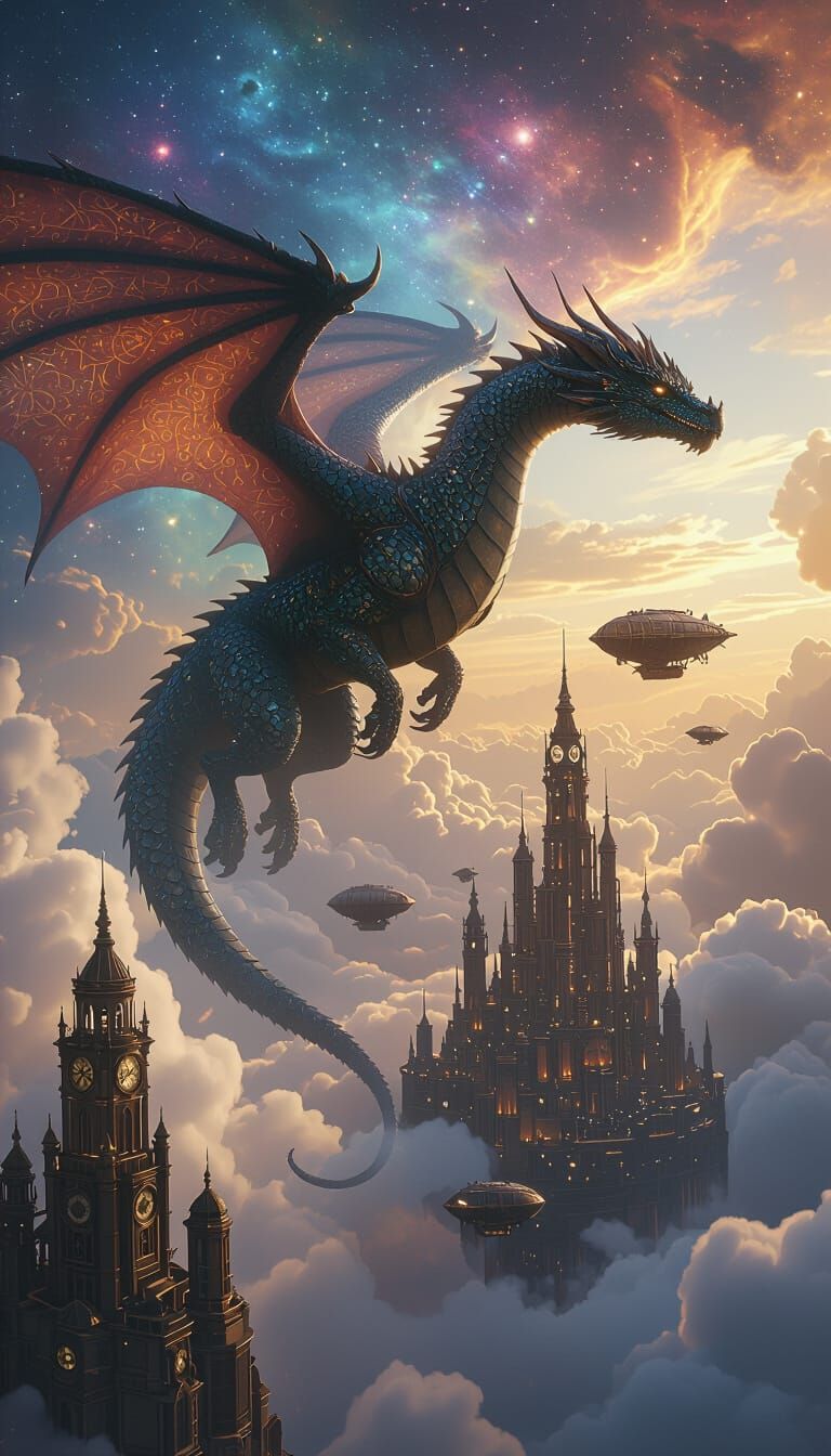 Dragon Soars Over Steampunk City in Nebula Sky