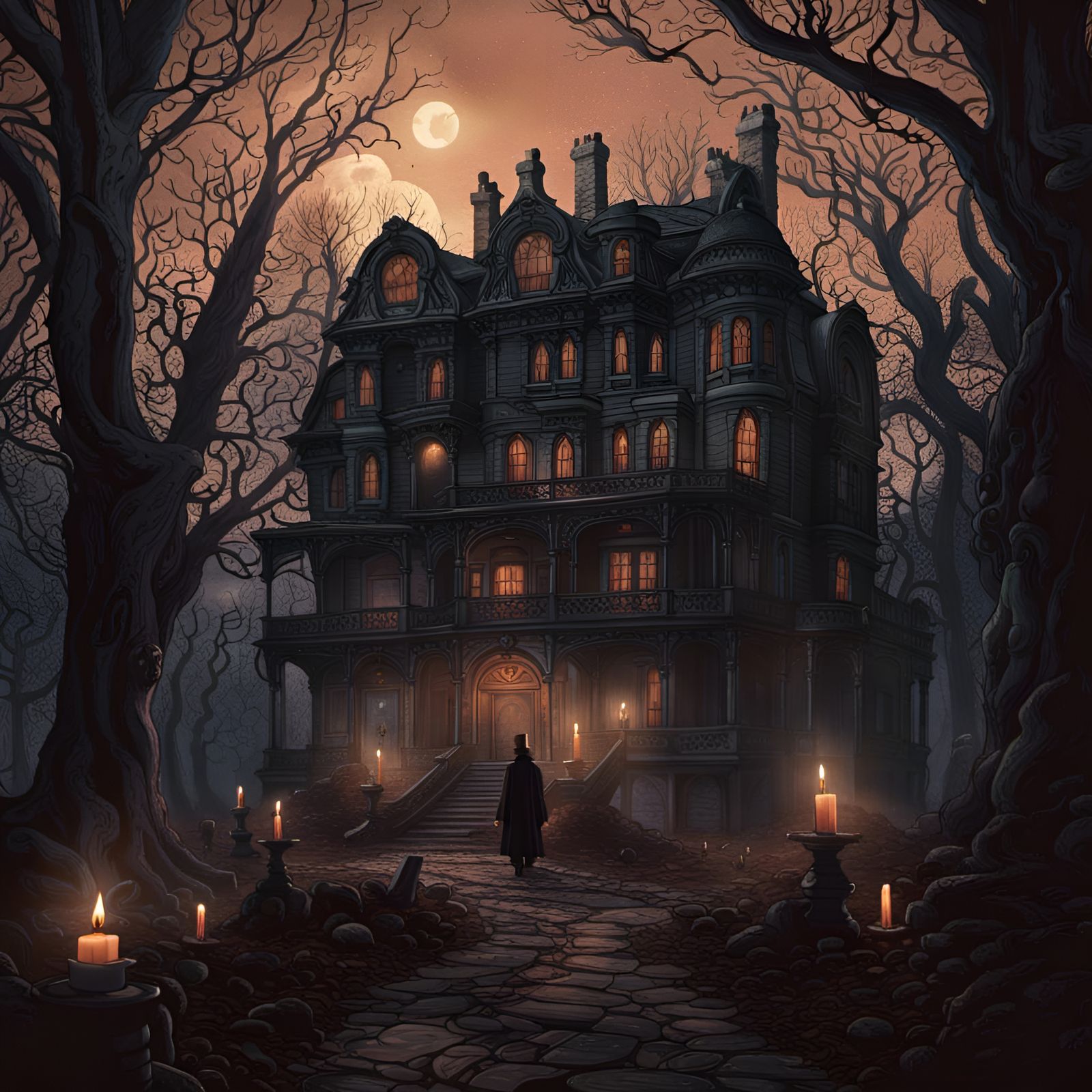 Eerie Candlelit Mansion in Dead Forest: Matte Painting