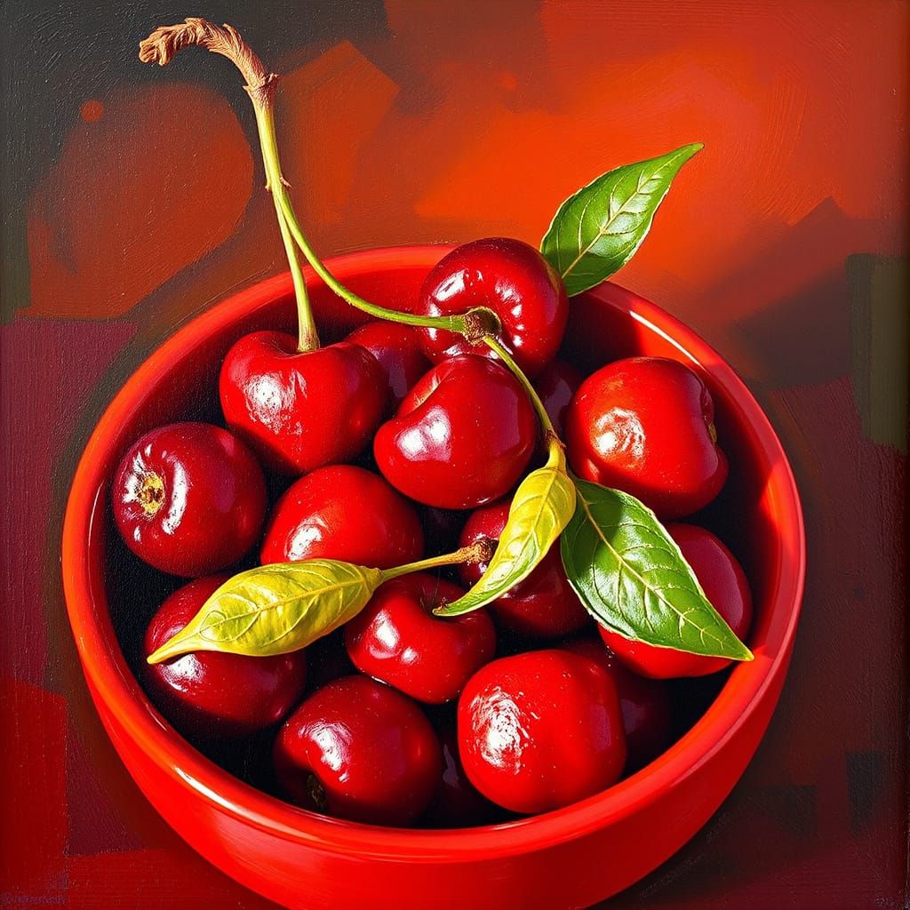 Red Cherries in a Vibrant Red Bowl