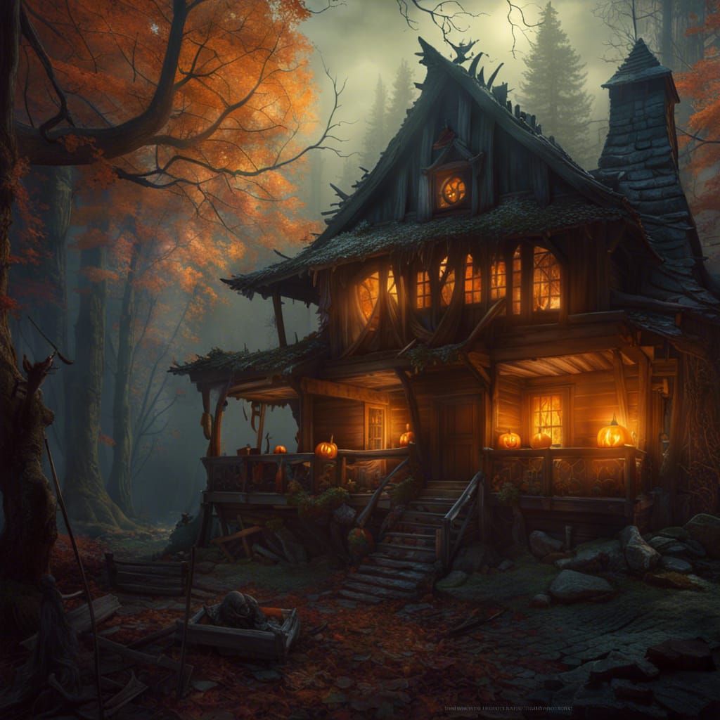 Halloween Haunted Cabin in Forest, Digital Illustration