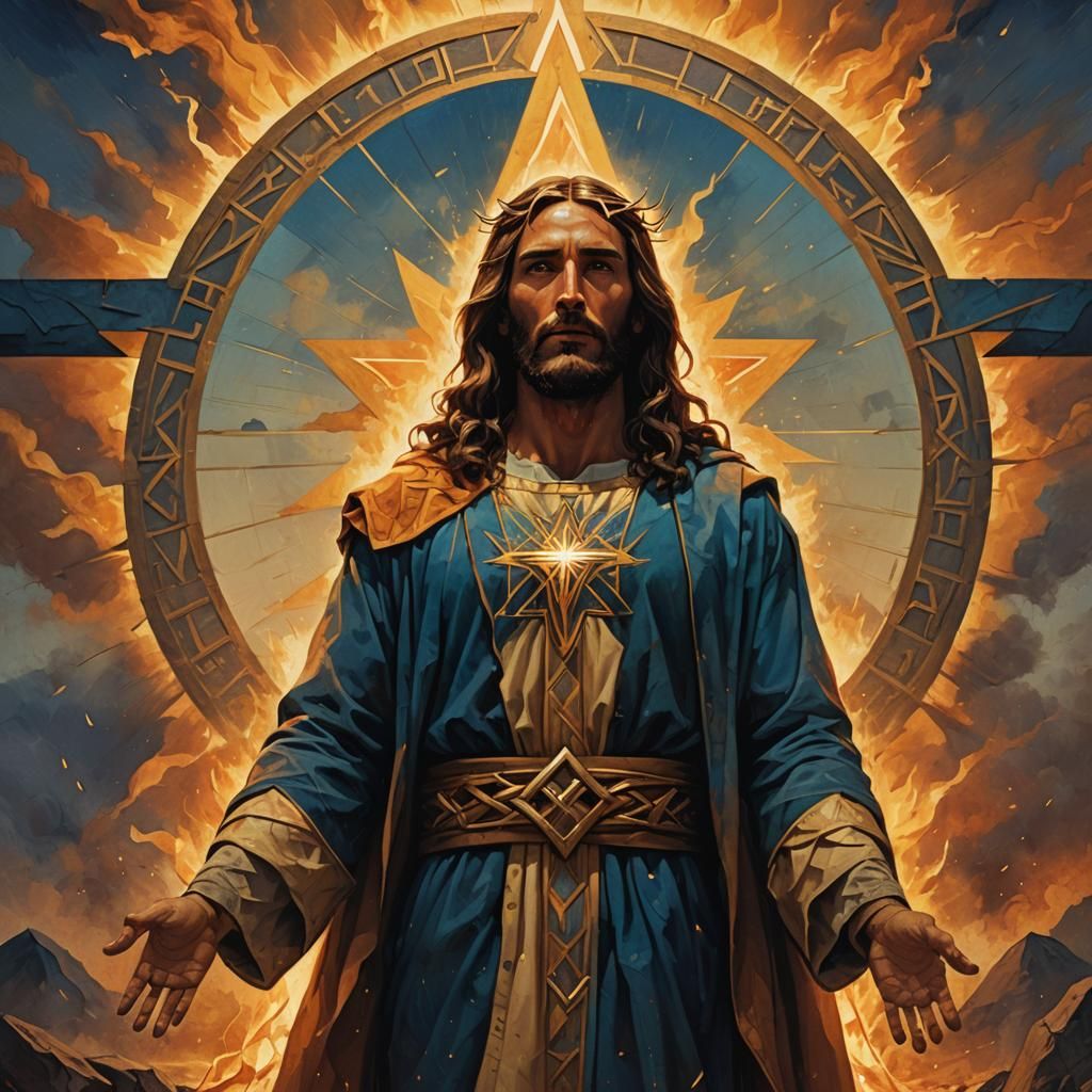 Jesus and Illuminati Symbol in Fantasy Art Style