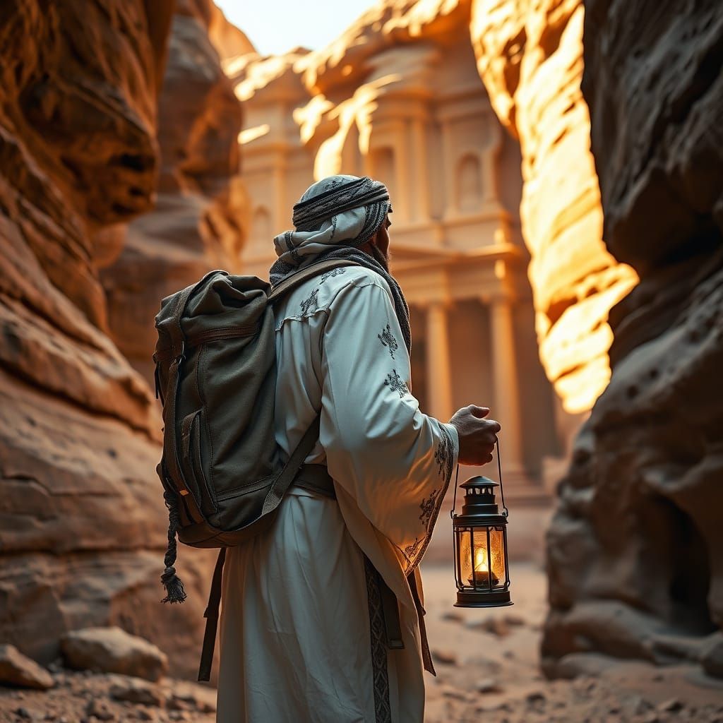 Bedouin Explorer in Ancient Sandstone City