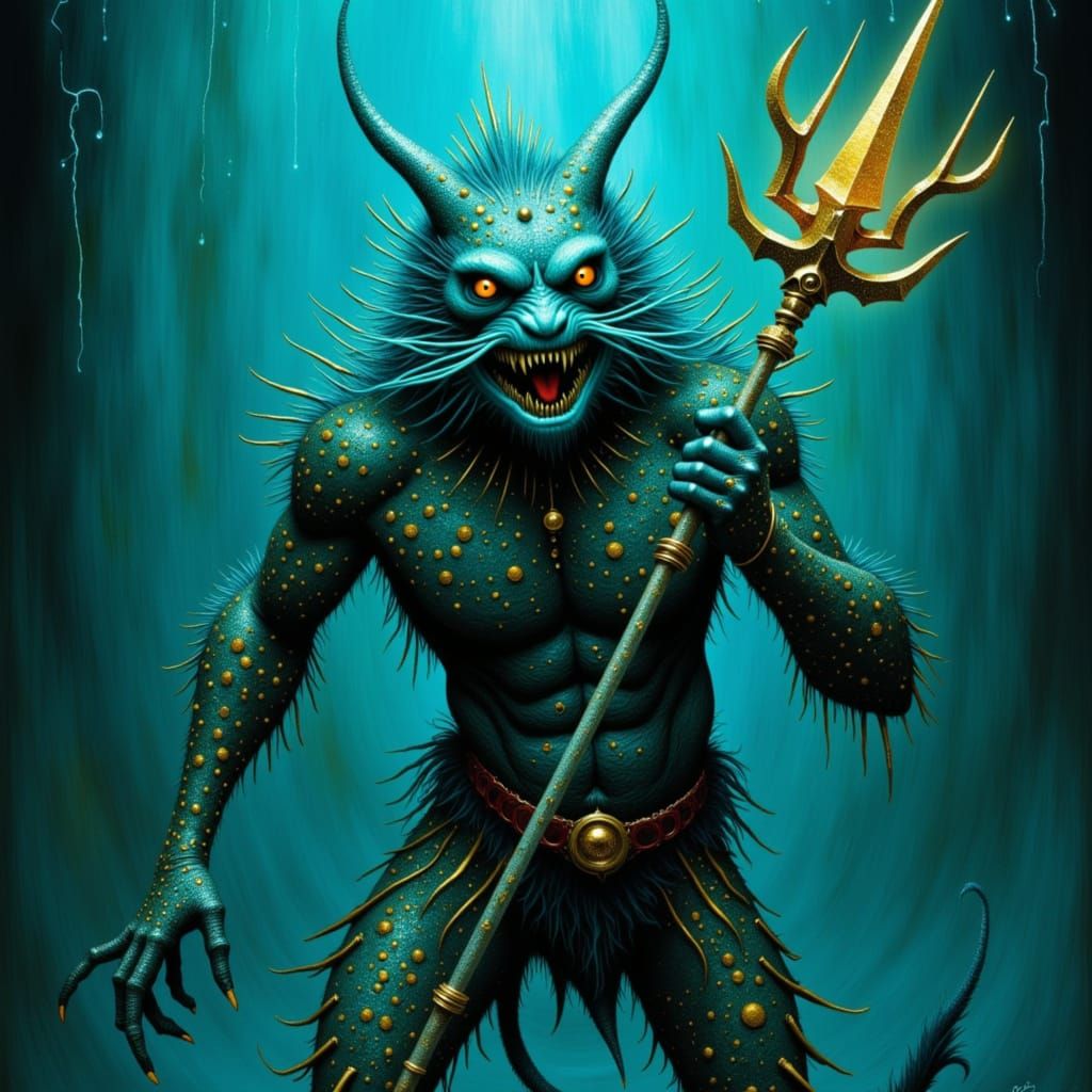 Fearsome Fishman With Glowing Trident In Deep Sea