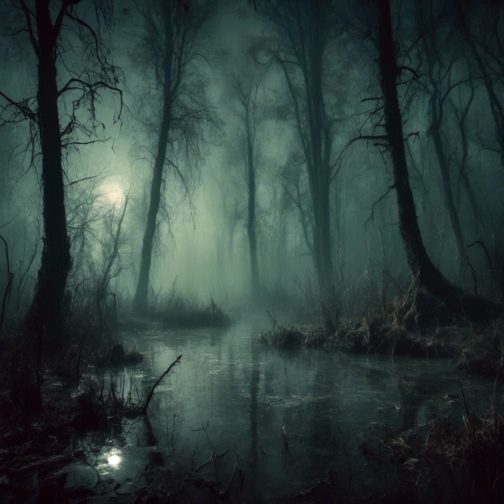 Eerie Swamp: Spectral Figures in Moonlight