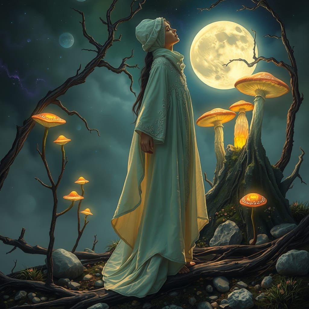 Mystical Traveller in Moonlit Mushroom Landscape