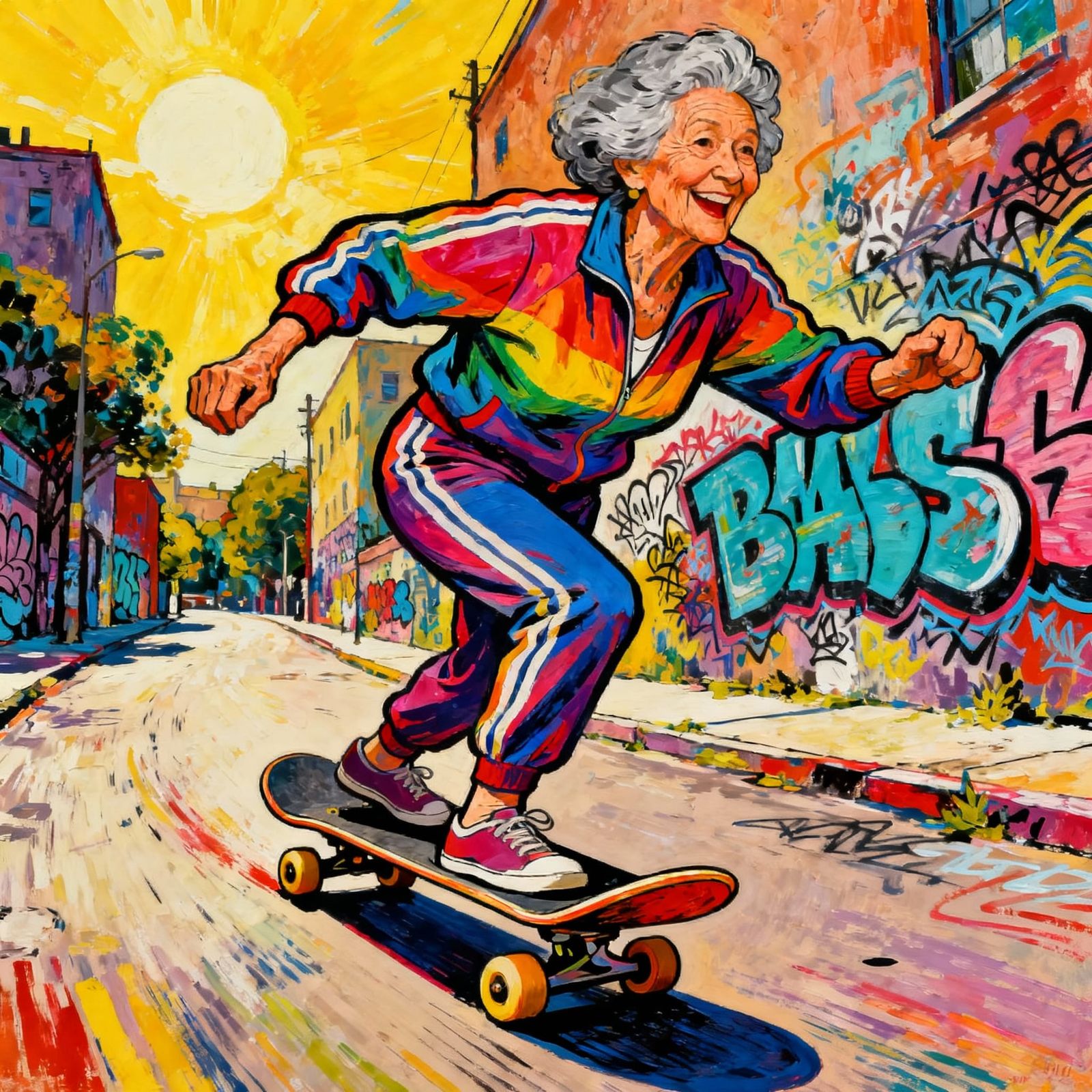 Joyful Elderly Skateboarder in Vibrant Urban Street Scene