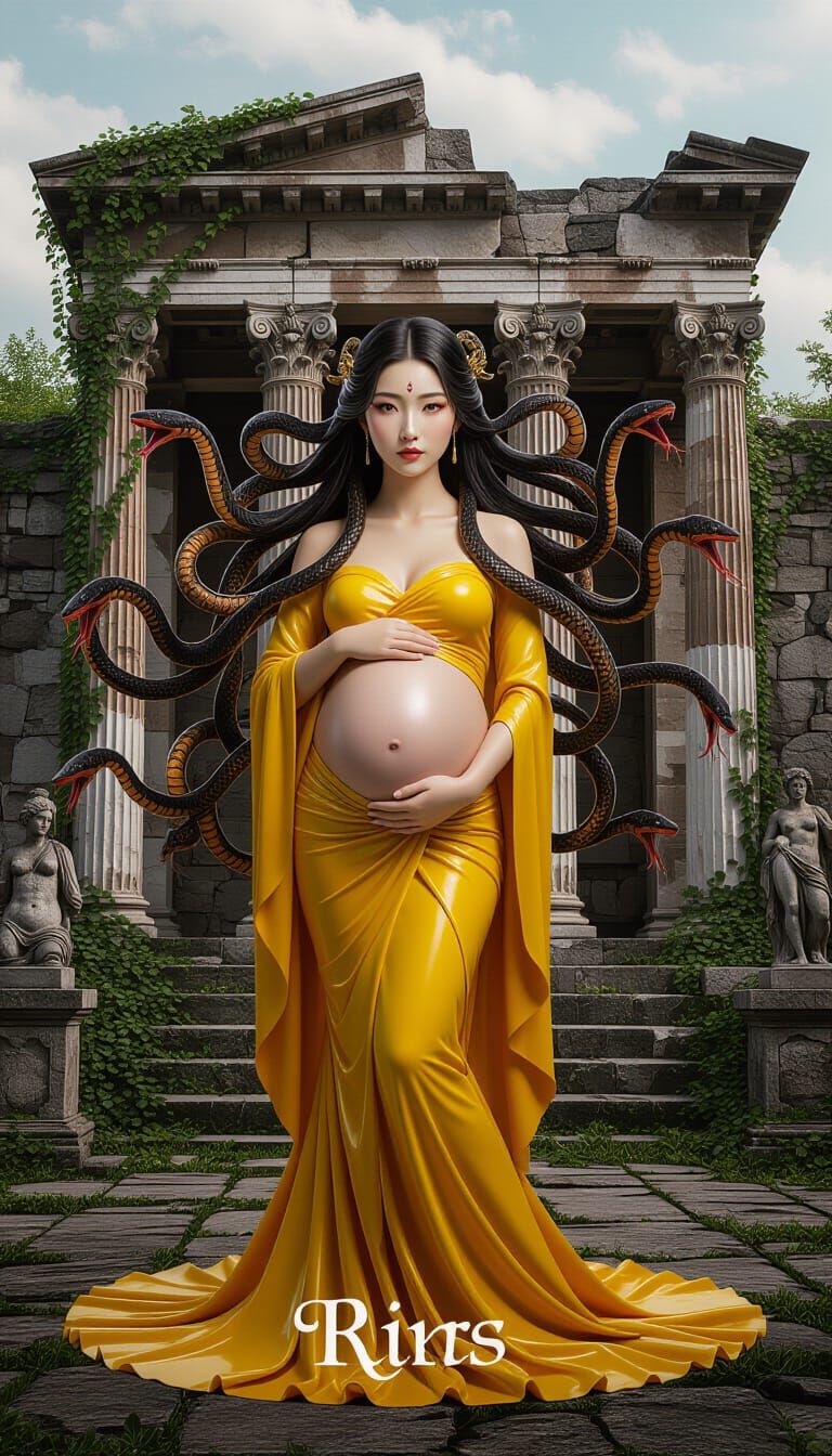 Elegant Pregnant Medusa in Crumbling Temple