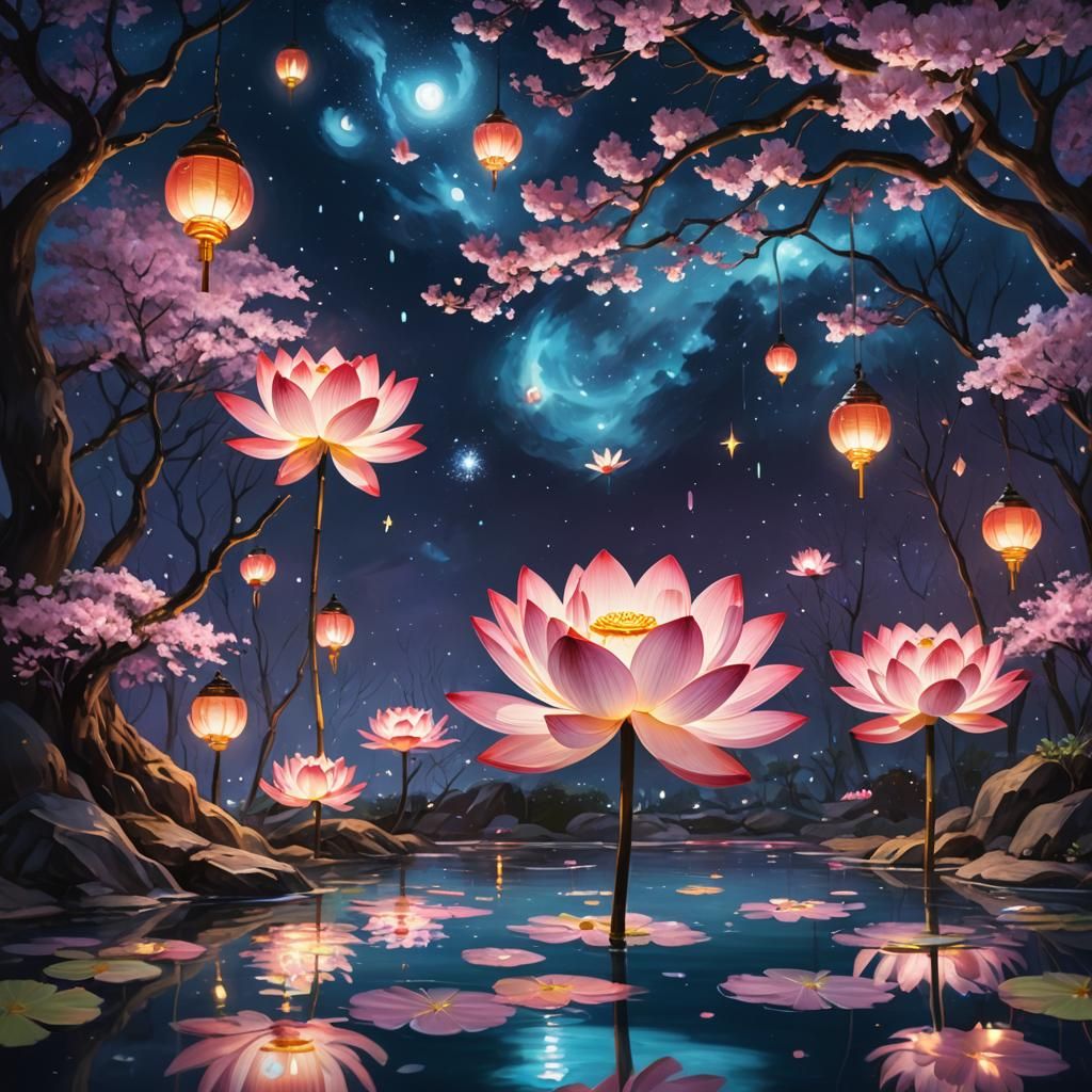 Lotus Lamps in Starry Night: Oil Painting