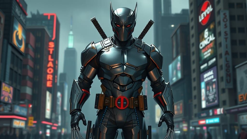 Deadpool-Wolverine Hybrid Warrior in Dystopian Metropolis