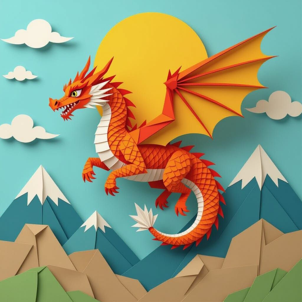 Origami Dragon Soars Through Paper Sky
