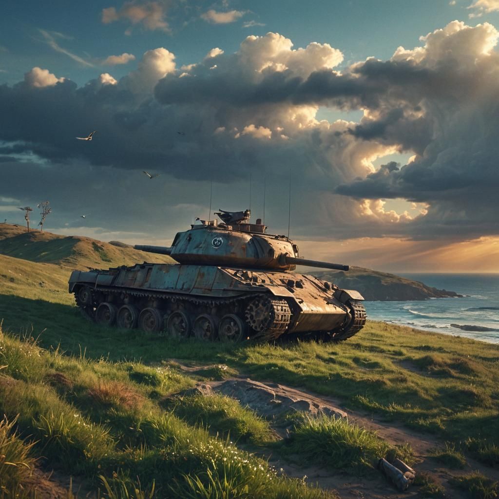 Abandoned Tank Overlooking Sea: Epic Cinematic Digital Paint...