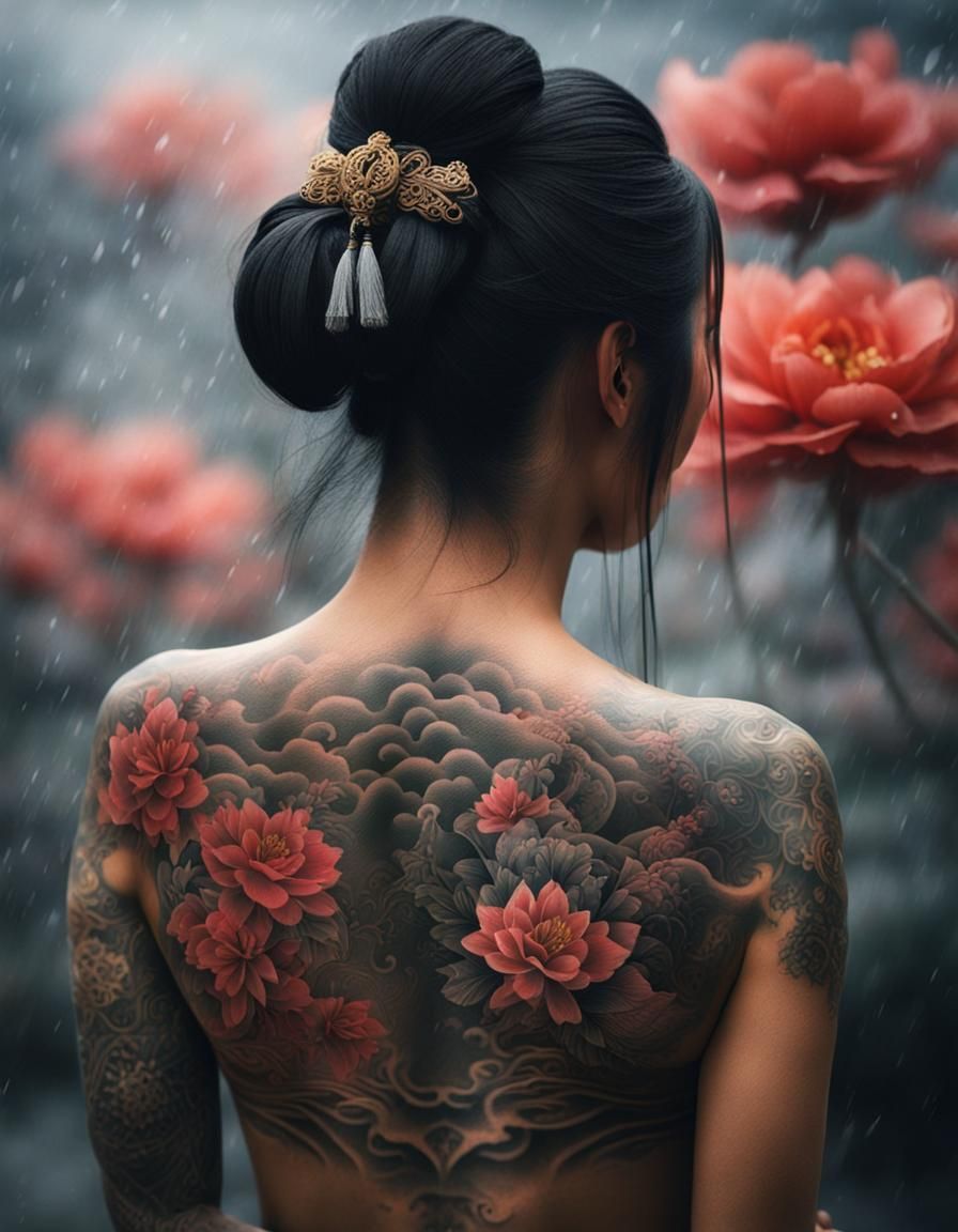 Asian Samurai Woman with Tattoos in Onsen