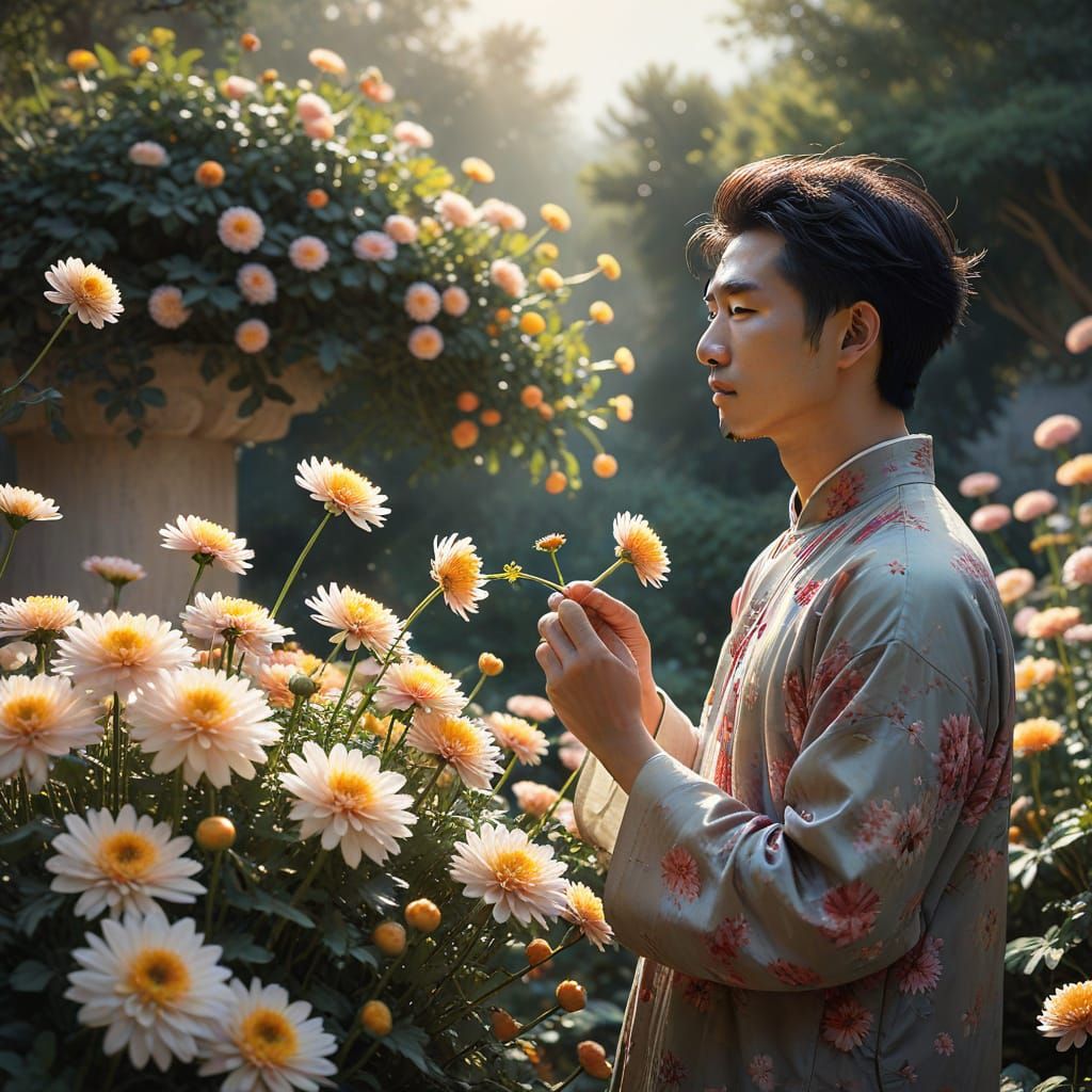 Tao Yuanming Admiring Chrysanthemums in Watercolor Style