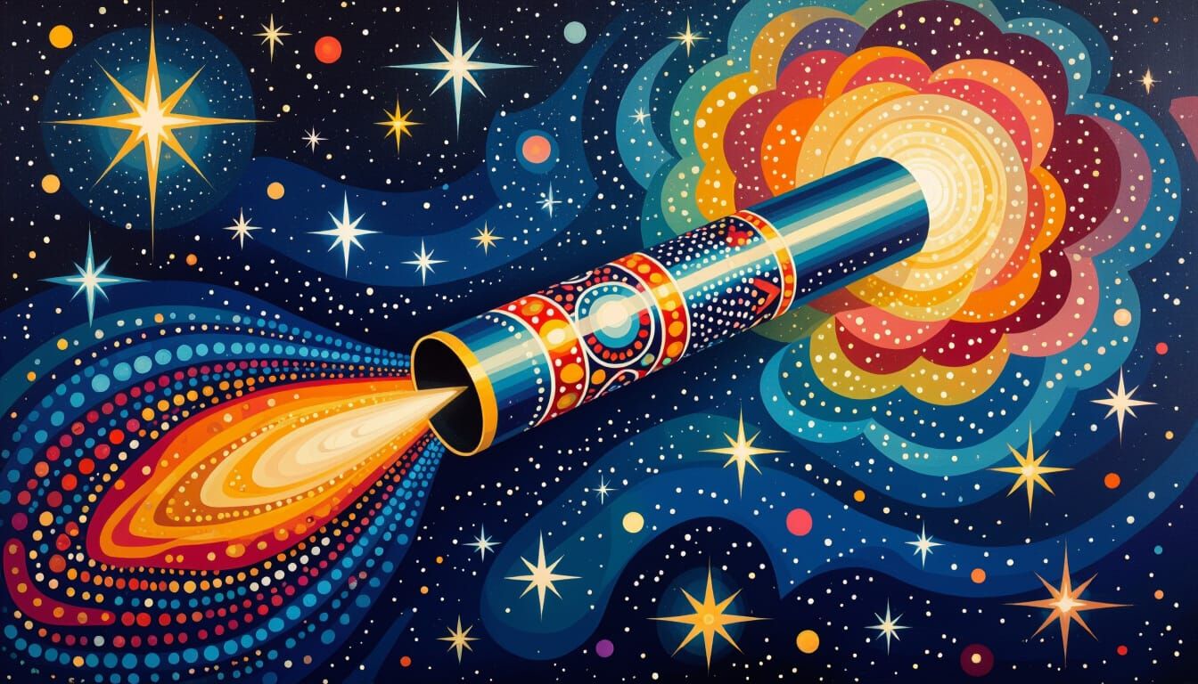 Metallic Cylinder Flies Through Galaxy as Dot Painting