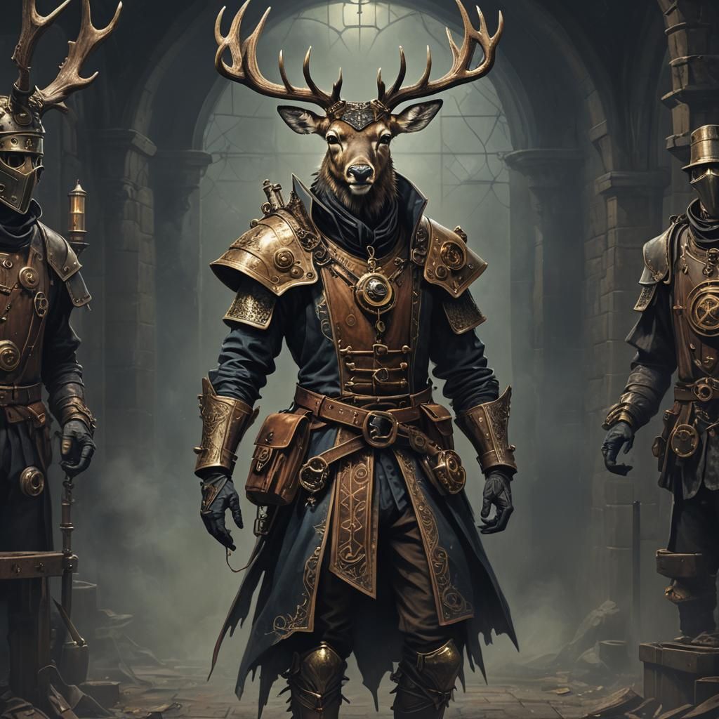 Steampunk Deer in Medieval Clothing, Sinister Dark Art