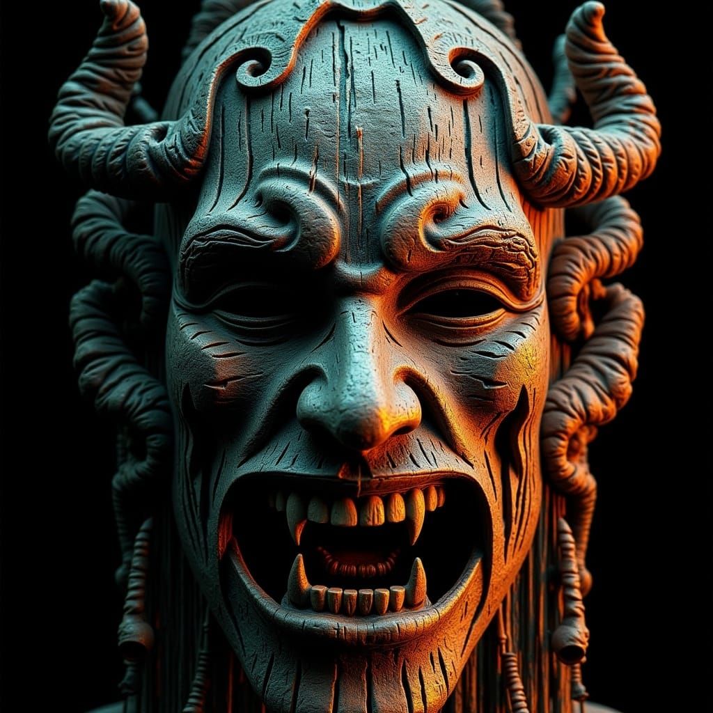 Cyberpunk Wooden Mask with Shifting Symbols