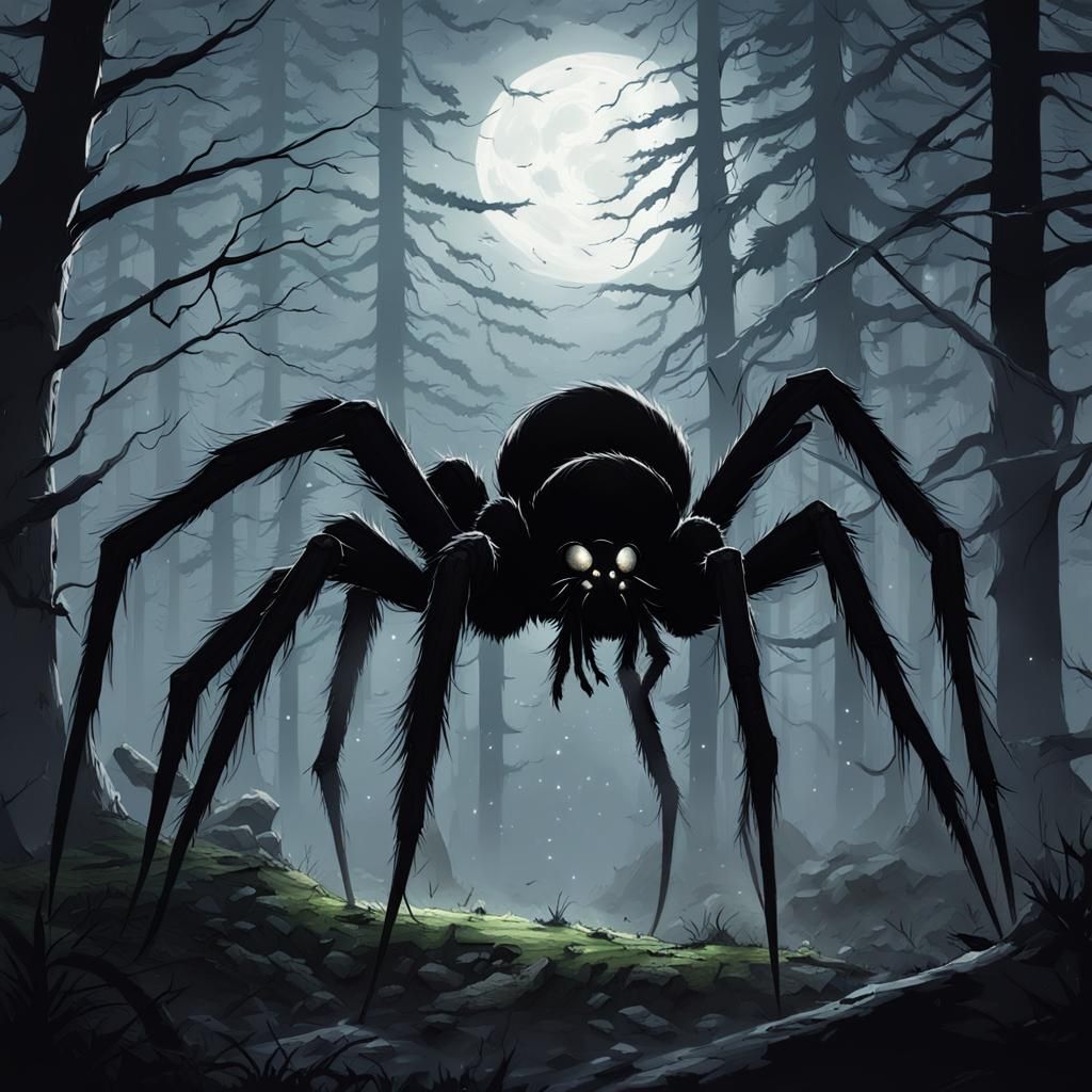 Gigantic Black Spider in Dark Fantasy Forest