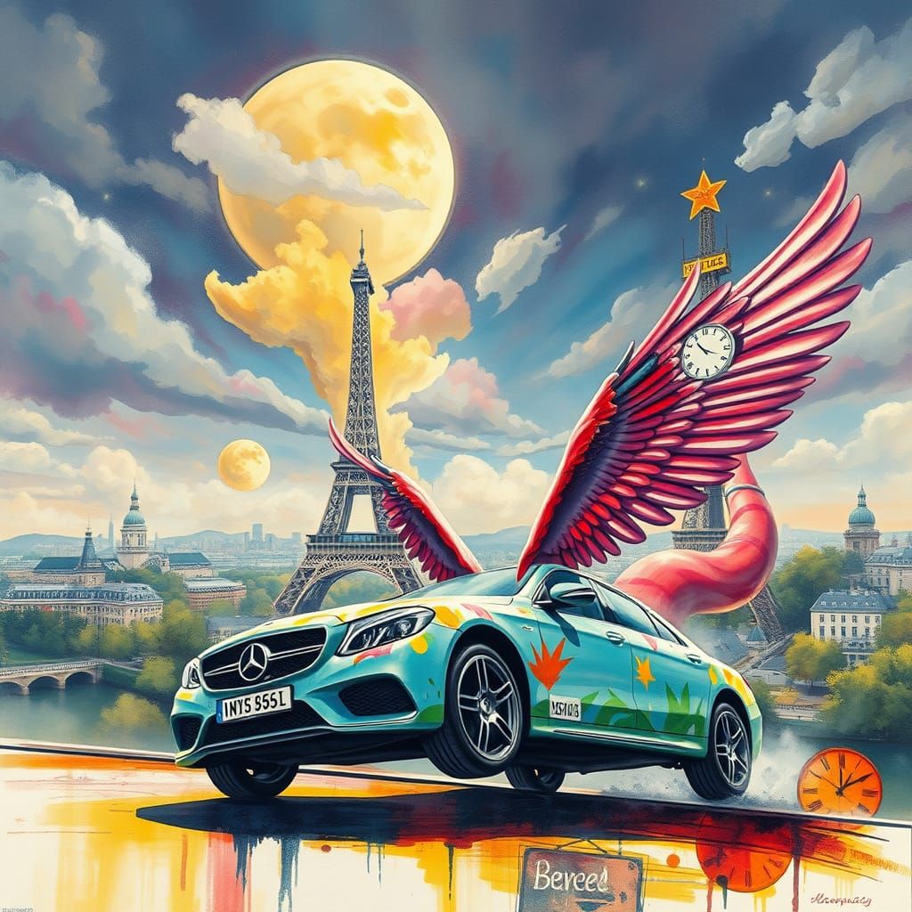 Surreal Parisian Scene with Flying Car and Melting Clock Tow...