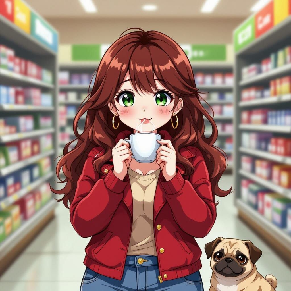 Anime Woman with Pug in Supermarket Autumn Scene