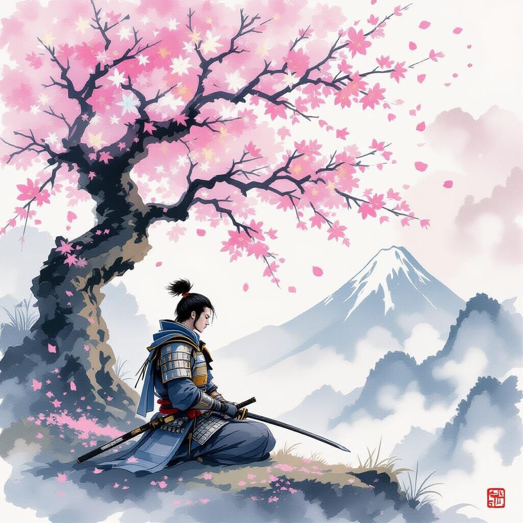 Samurai Meditating Under Crystal Cherry Blossoms