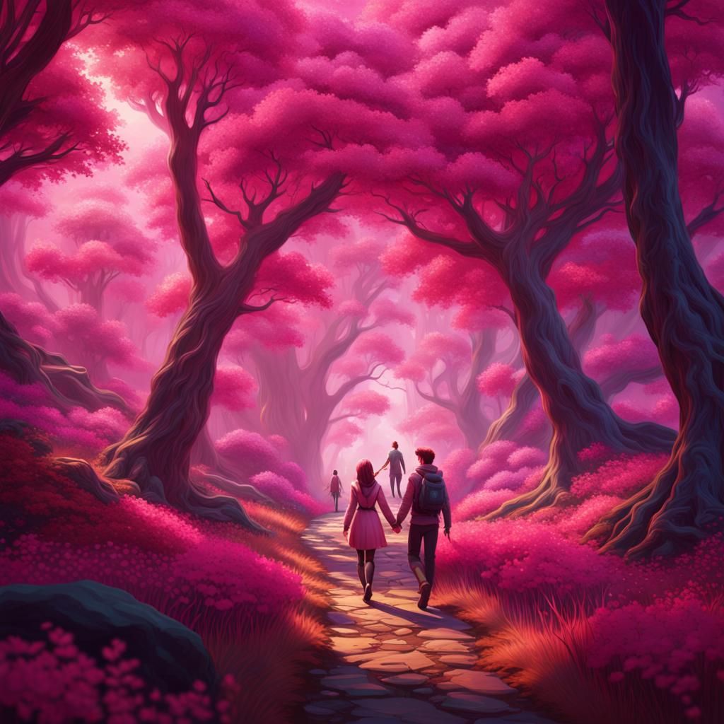 Girl and Boy in Pink Forest: Fantasy Concept Art