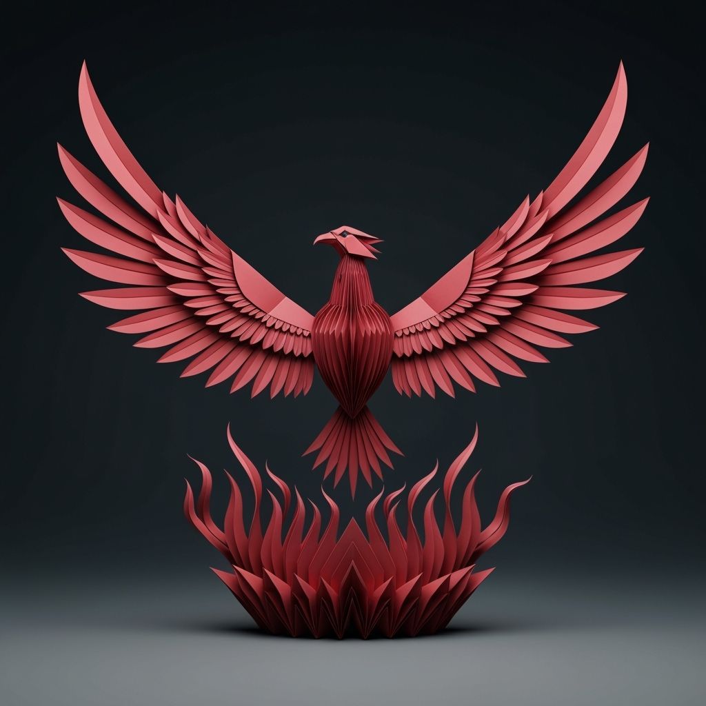Phoenix Rising from Flames: Origami Papercraft Style