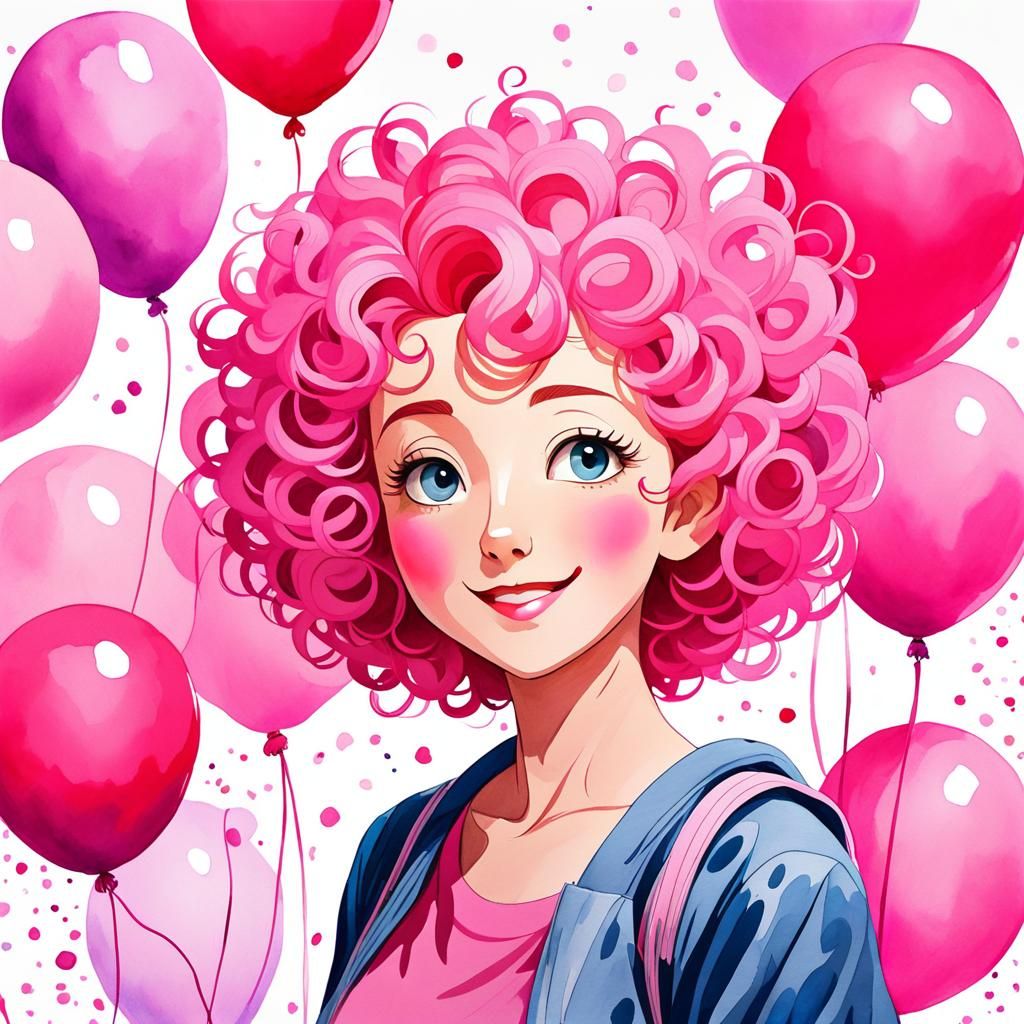 Anime Grandma with Pink Hair and Balloons
