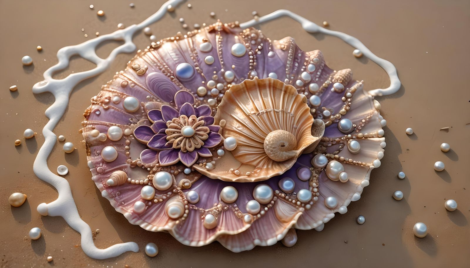 Intricate Seashell Mandala on Beach, Hyperrealistic