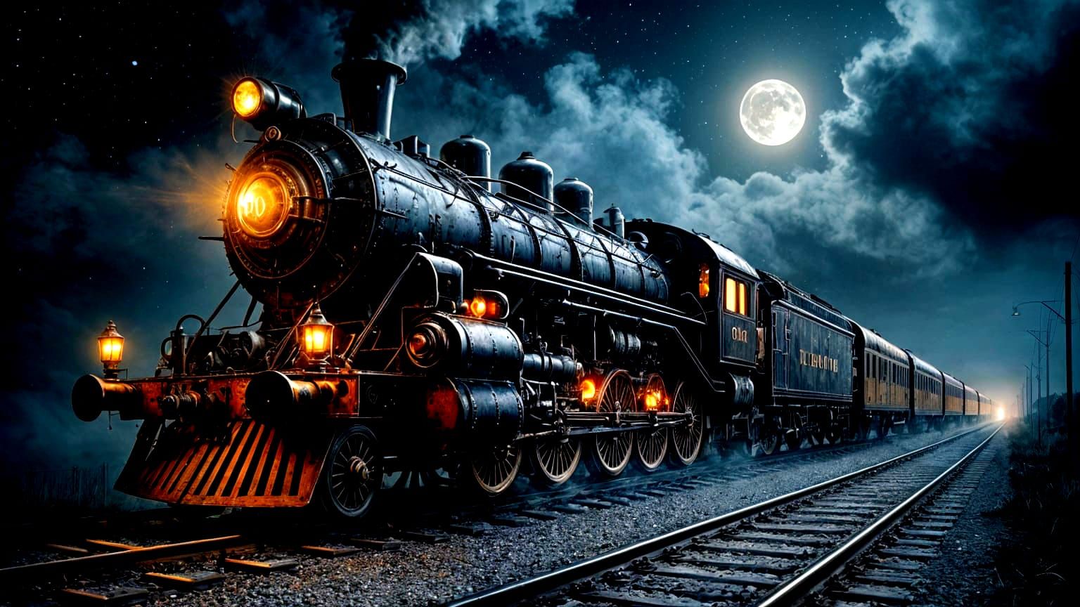 A vintage steam locomotive, its metal gleaming under the moonlight, is illuminated by a series of ornate, glowing lanter...