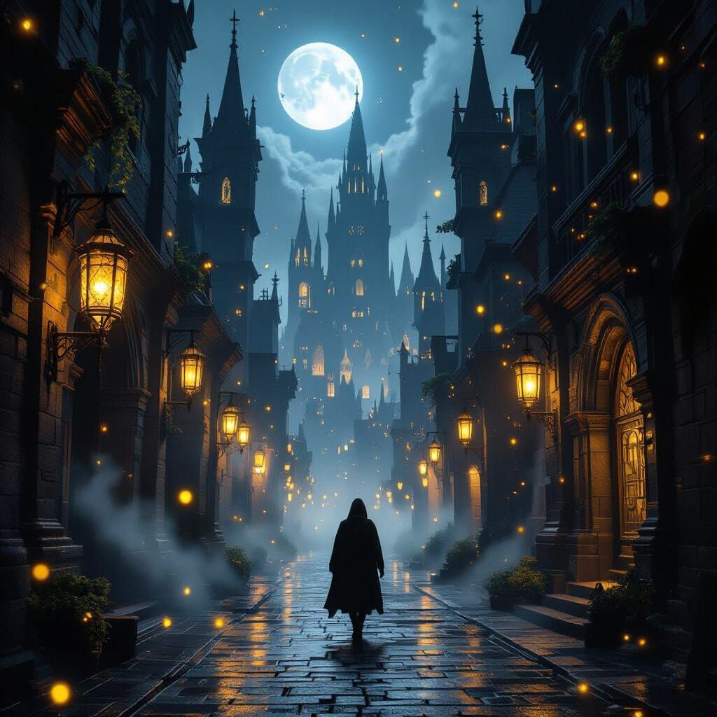 Ancient City Under Moonlight, Fantasy Cyberpunk Fusion