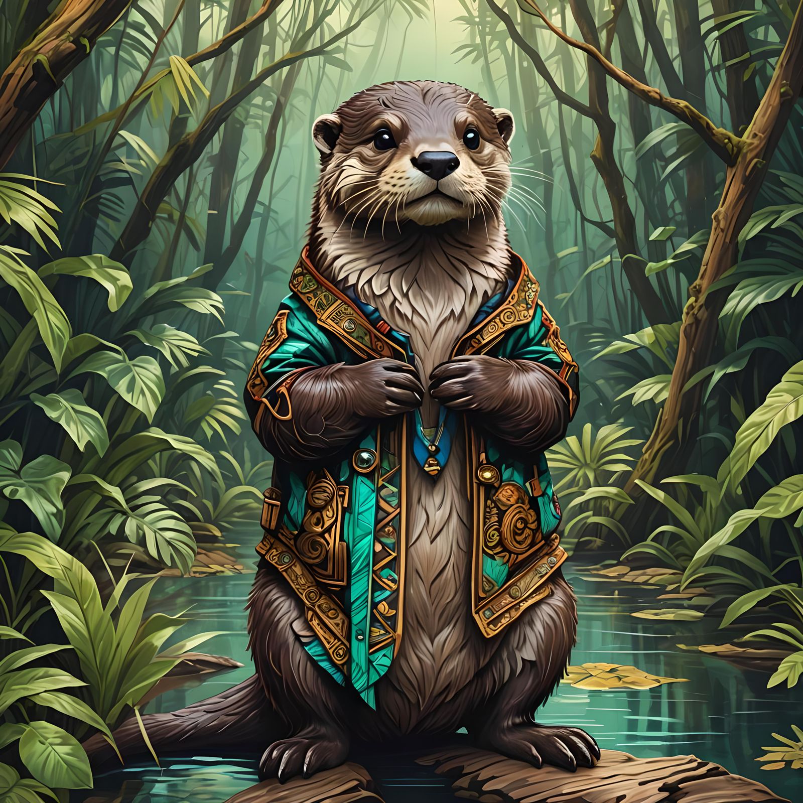 Intricate Timber Otter in Synthwave Jungle Art