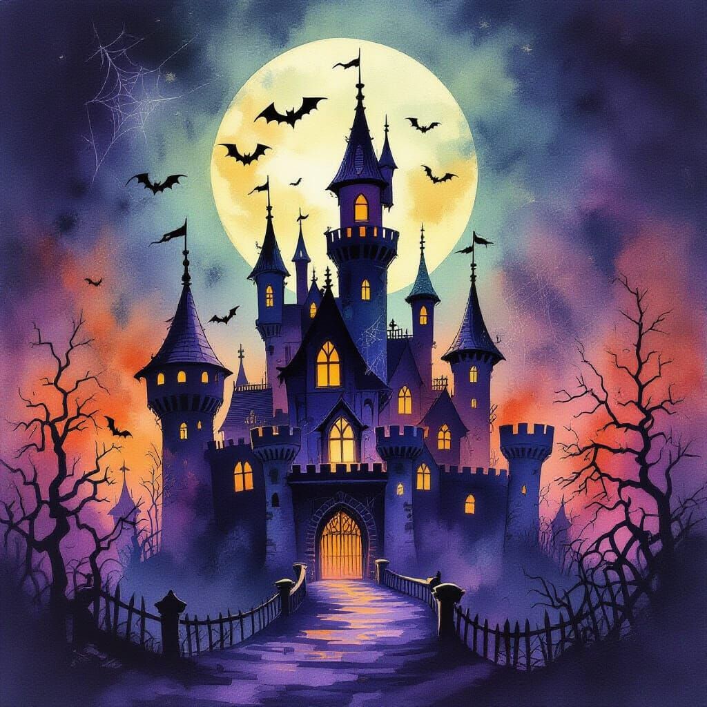 Spooky Watercolor Castle on Halloween Night