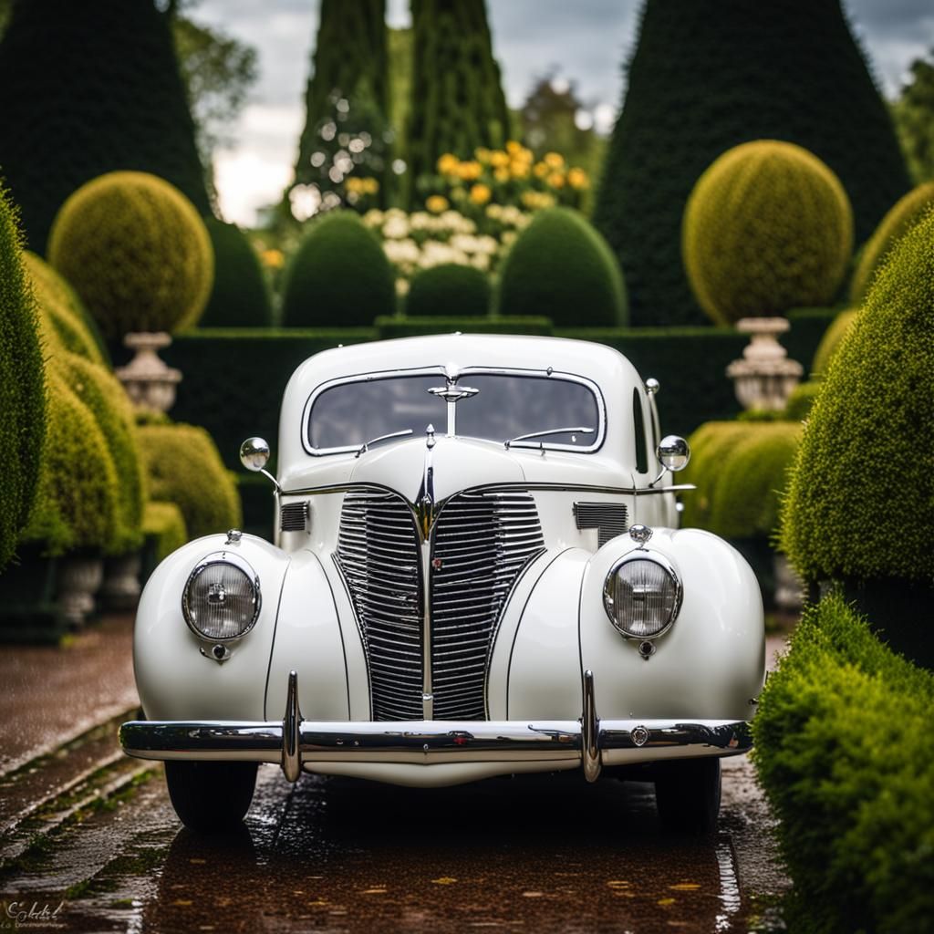 White 1939 Fastback Car in French Garden
