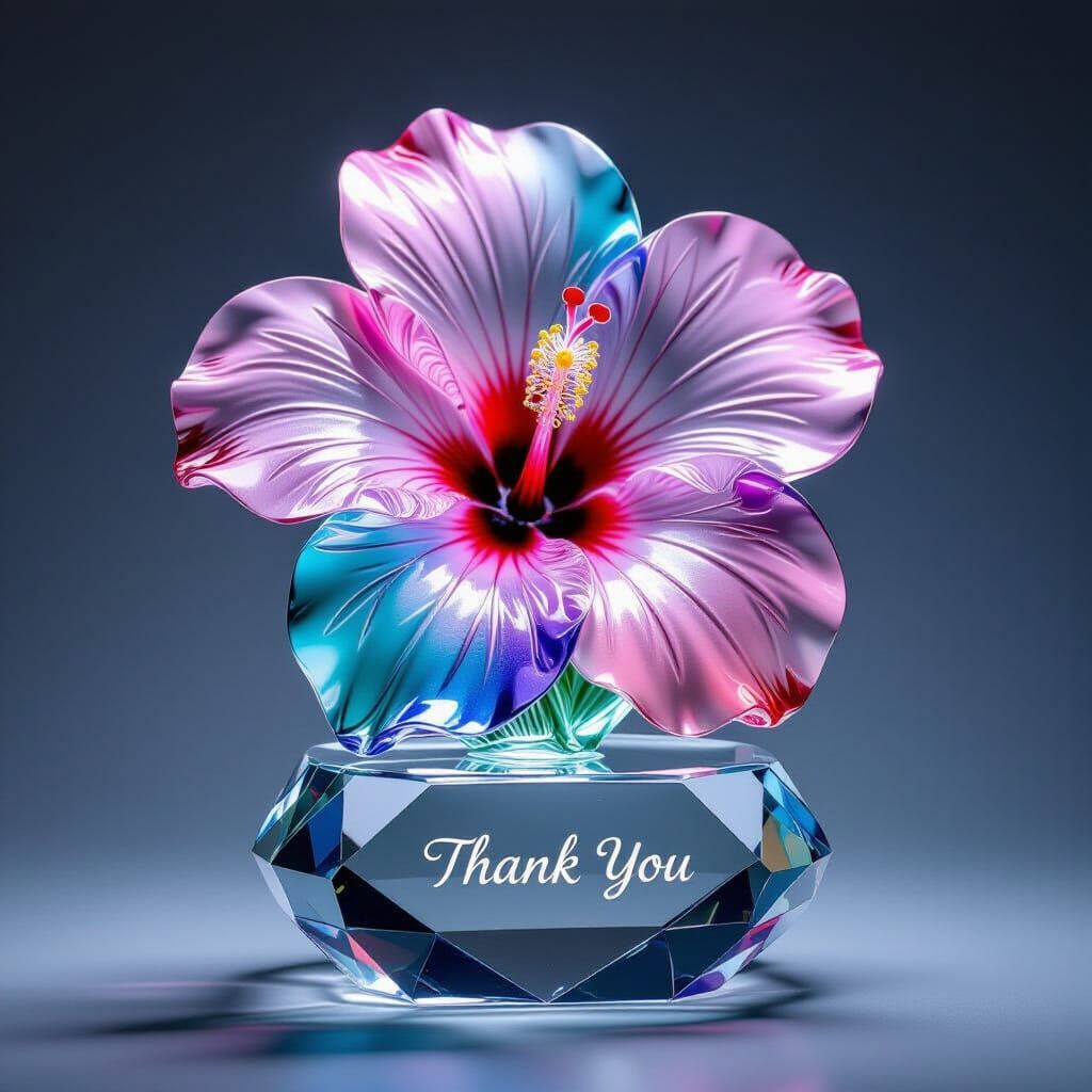Glass Hibiscus Flower Statue on Crystal Base