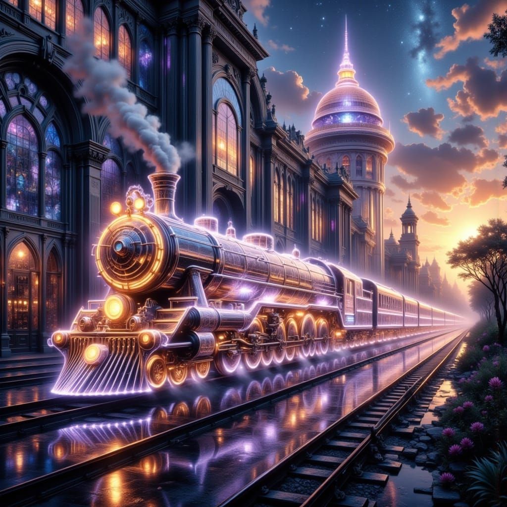 Glass Locomotive at Crystal Station in Fantasy Realism