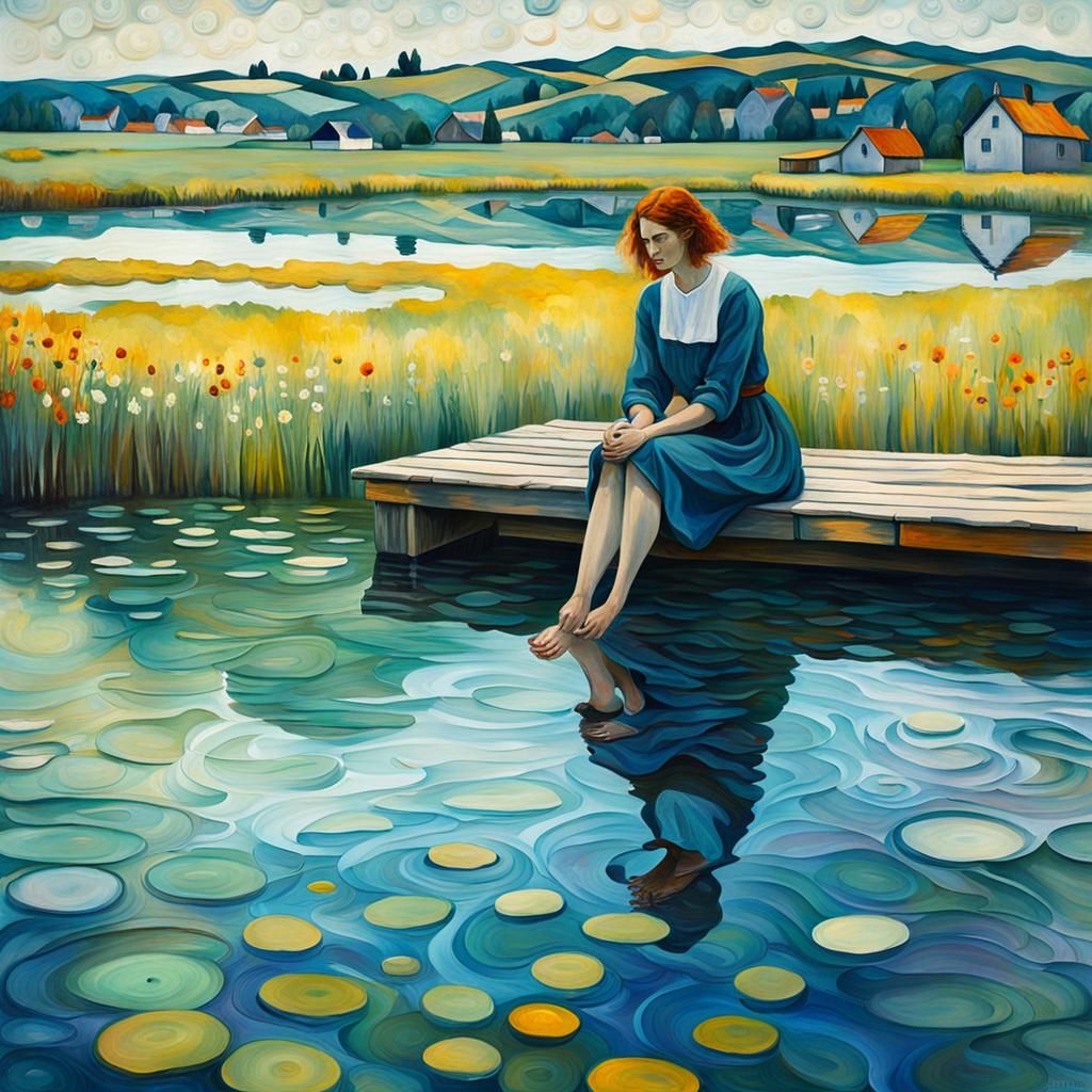 Girl on Dock in Post-Impressionist Oil Painting