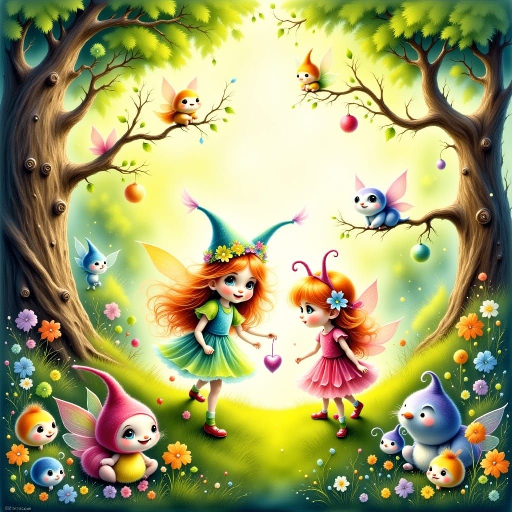 Whimsical Rainbow Creatures Play in Lush Backyard