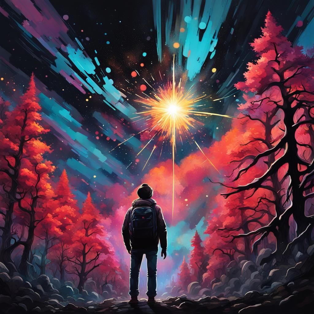 Star Guides Traveler Through Forest in Graffiti Art