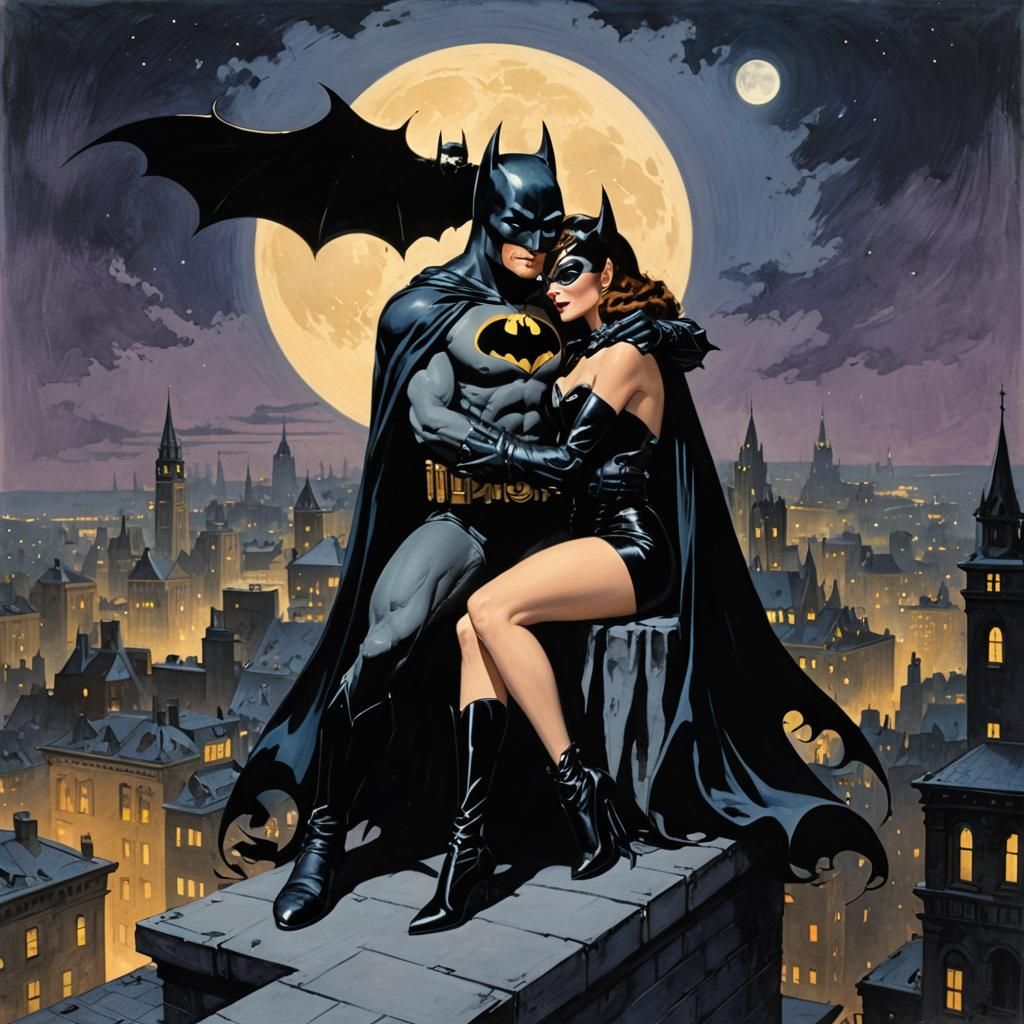 Batman and Catwoman: Romantic Gotham Rooftop Embrace