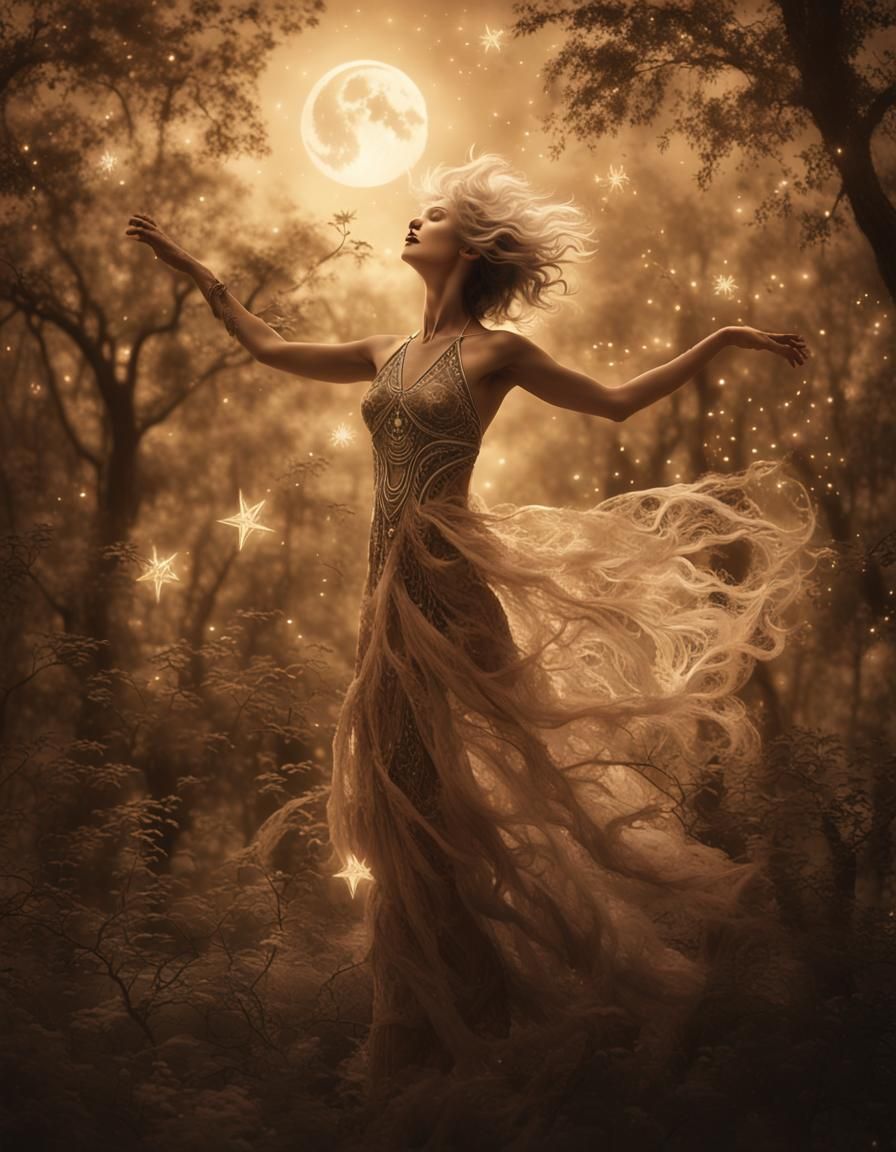 Mystical Pagan Dance under Crescent Moon in Sepia