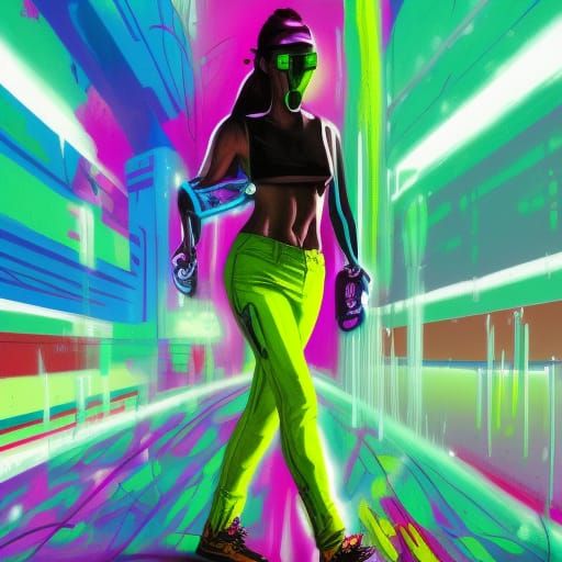 Cyberpunk Woman in Neon Outfit, Graffiti Art